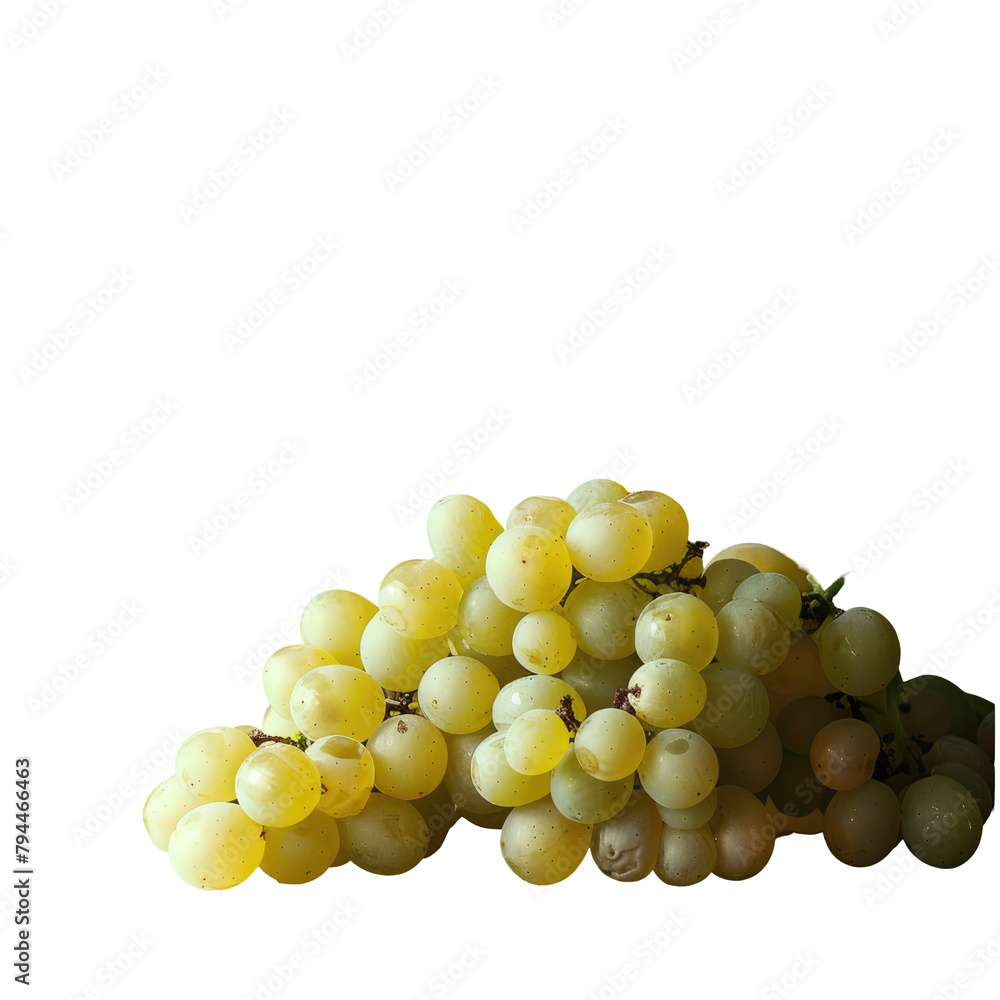 A cluster of white grapes set against a rustic wooden backdrop isolated on transparent background