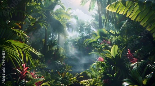 an immersive 8K image showcasing a lush tropical rainforest, with towering palm trees, exotic ferns, and vibrant bromeliads creating a verdant tapestry of life and color photo