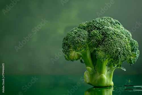 Closeup shot of a broccoli head on a green surface