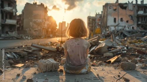 A child among the ruins of a destroyed city due to war, war in Ukraine, consequences of war © Stitch