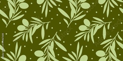 Olive branch with leaves and olives summer spring seamless repeating pattern  green fresh minimalistic floral design element isolated background floral line contour high quality beige pastel kitchen