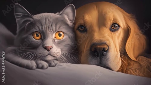 Pets. Cat and dog together.. close-up. Generated AI photo