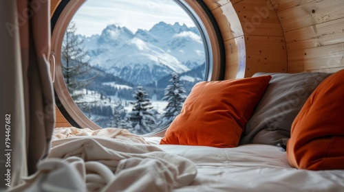 Snowcovered mountains in the distance visible from the cozy comfort of a pod bed. 2d flat cartoon.