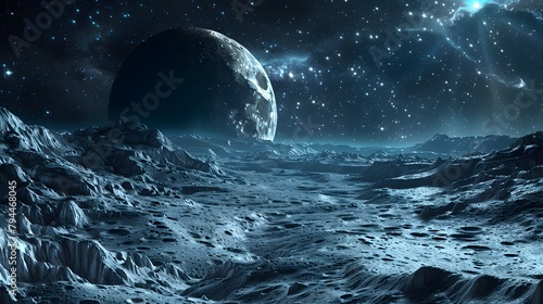 A surreal lunar landscape, with barren, otherworldly terrain stretching to the horizon under a star-filled sky 8k wallpaper 