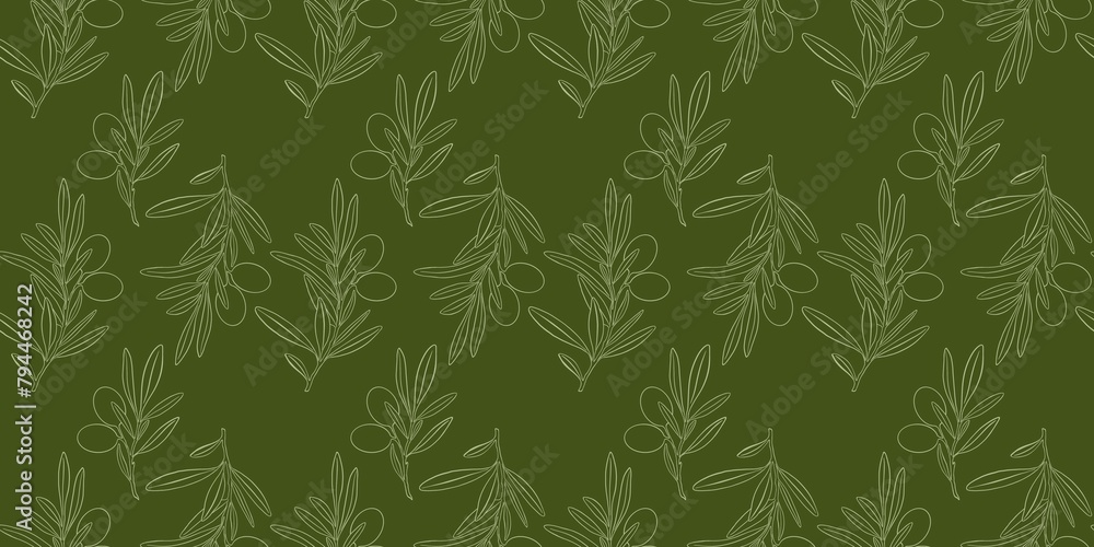 Olive branch with leaves an olives summer spring seamless repeating pattern, green fresh minimalistic floral design element, floral line contour high quality illustration Olive branch with leaves an olives summer spring seamless repeating pattern, green fresh minimalistic floral design element, floral line contour high quality illustration