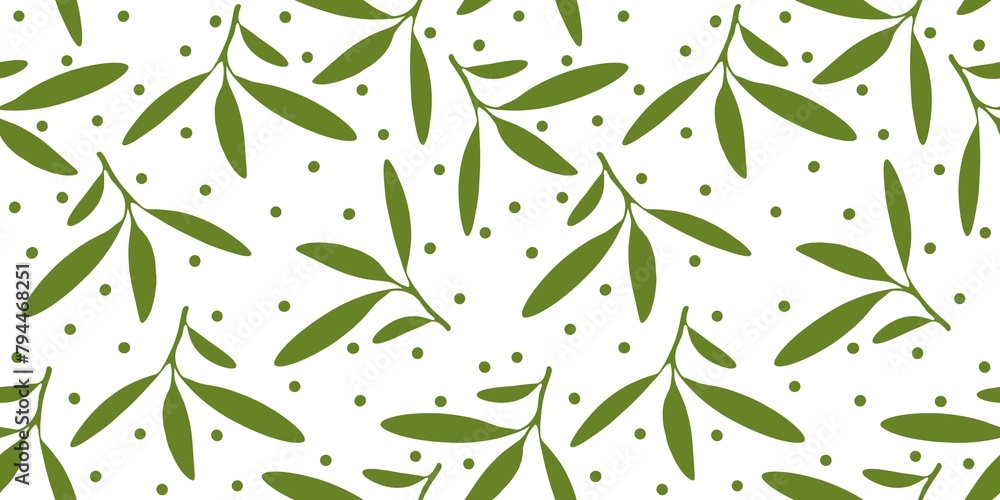 Mistletoe branch with leaves olive summer spring winter seamless repeating pattern green fresh minimalistic floral design element isolated white background floral line contour high quality surface Mistletoe branch with leaves olive summer spring winter seamless repeating pattern green fresh minimalistic floral design element isolated white background floral line contour high quality surface