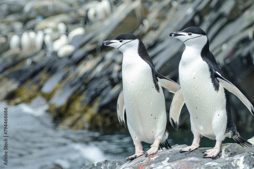 Obraz premium Two chinstrap penguins waddle awkwardly along the rocky shoreline.