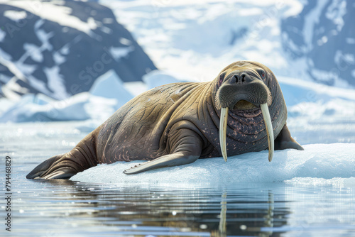 A walrus lounges on an ice floe.