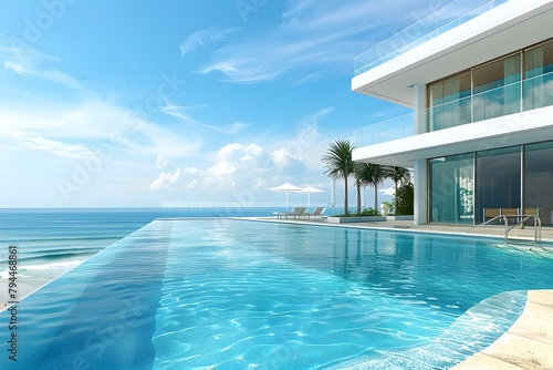 Modern luxury villa with infinite pool overlooking the sea. Summer vacation and travel concept. Luxury hotel resort. Design for brochure  poster  header