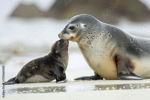 A mother seal nurses her pup on a secluded beach.