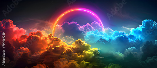 An arrayed image of rainbow-colored clouds with a neon ring, along with colorful clouds and glowing colorful fog, is a mesmerizing spectacle captured in this atmospheric artwork. photo