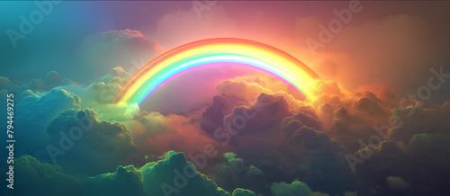 An arrayed image of rainbow-colored clouds with a neon ring, along with colorful clouds and glowing colorful fog, is a mesmerizing spectacle captured in this atmospheric artwork. photo