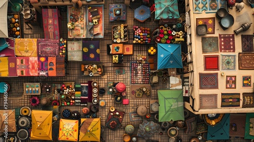 A top-down view of a bustling marketplace  with vendors  stalls arranged in acolorful mosaic of shapes and patterns.  