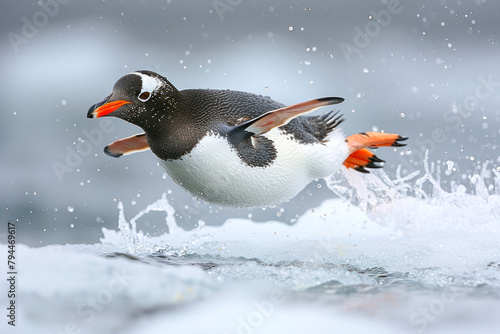 A gentoo penguin slides gracefully across the ice.