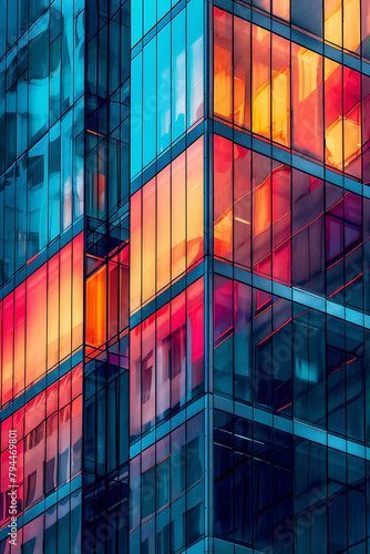 Abstract futuristic skyscraper or office building. Colorful light shines through multicolored glass window building. Modern architecture concept.