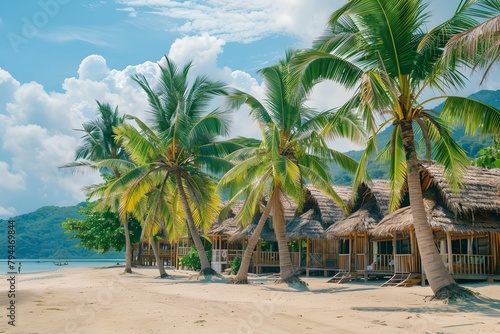 Tropical beach with palm trees and thatched huts. Summer vacation and travel concept. Luxury hotel resort. Design for advertising, poster, tourism brochure