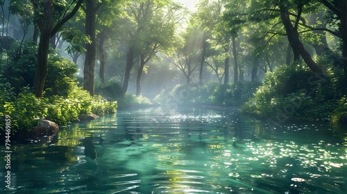 A tranquil river winding its way through a verdant forest  with sunlight dappling the water s surface through the canopy above 8k wallpaper  