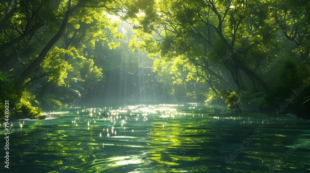 A tranquil river winding its way through a verdant forest, with sunlight dappling the water's surface through the canopy above 8k wallpaper  