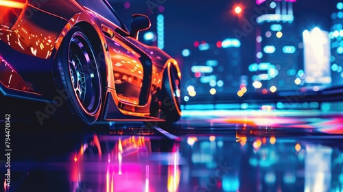Sport car wheel drifting on night of city lighting background.