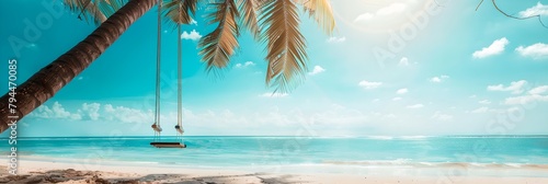Empty swing under tree on tropical beach. Summer travel and relaxation concept. Design for poster, wallpaper, banner with copy space
