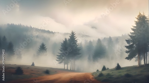 Vintage retro style with a misty backdrop and fir woodland. Artificial Intelligence