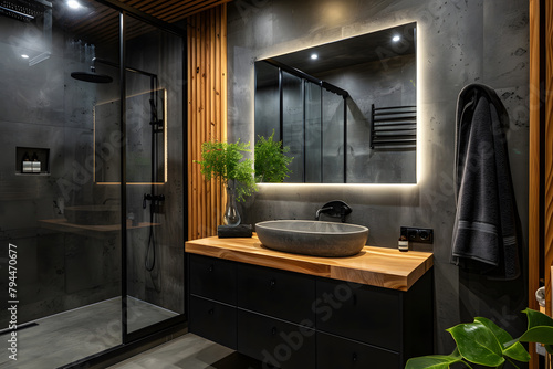 Contemporary modern bathroom interior in dark black colors, concrete and wooden elements.