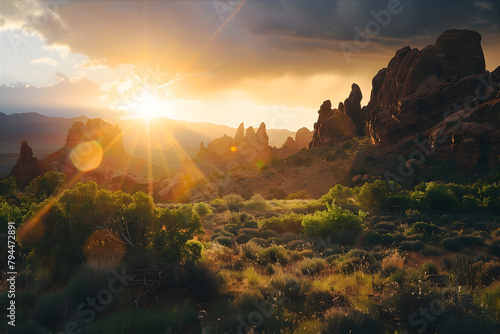 Amazing sunset view in national park with sunset. Bright sun rays illuminate the panorama with mountains in the national park. Traveling concept.