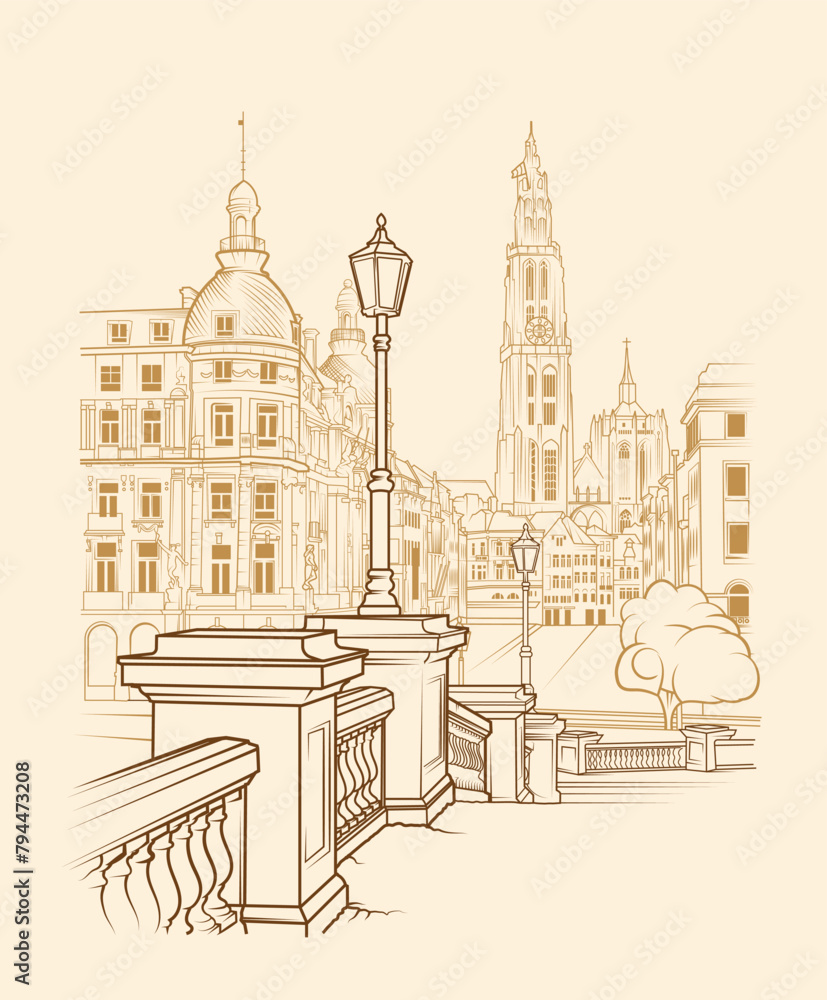 Illustrated vector graphic scene of Antwerp, Belgium