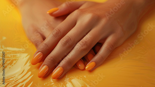 Detail of a woman's hands with orange manicure
