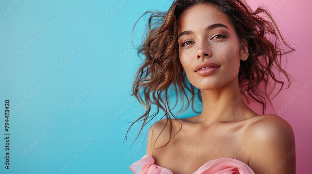 Portrait of a Latina woman with a light blue background