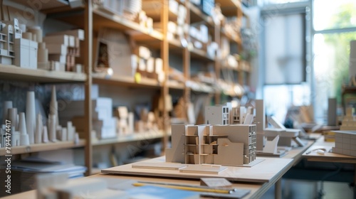 Softly blurred background of an Architects Office showcasing shelves filled with various building materials and scale models hinting at the grand designs being created within. . photo