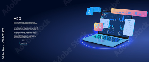 Futuristic Laptop with High-Tech User Interface on a Radiant Circular Platform, Ideal for Software Presentations and Digital Transformation Themes