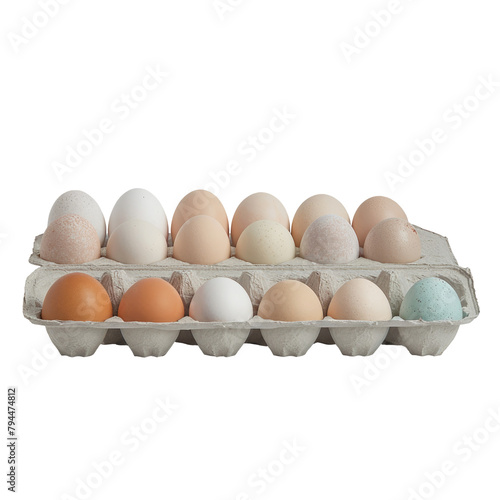 A variety of eggs in different colors neatly packaged under the gentle morning light set against a transparent background