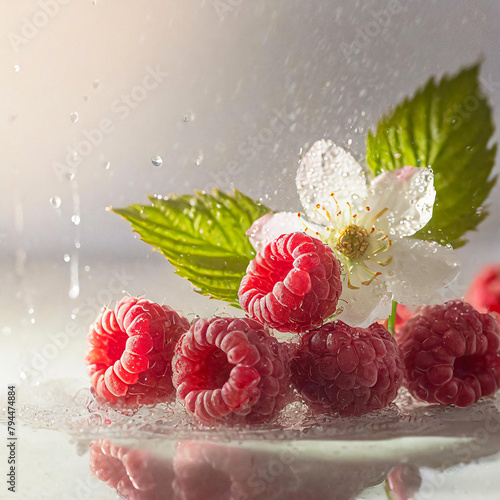 Illustration of a vibrant raspberries splashes into water, creating a dynamic and colorful scene, reflecting on the surface. Generative Ai.