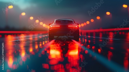 car on the road in the evening Ai generative HD 8K wallpaper Stock Photographic Image. An HD wallpaper is a high-resolution image that provides exceptional clarity and detail   photo