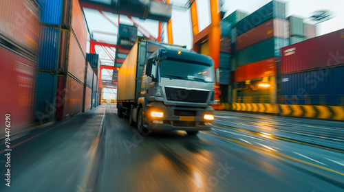 truck  driving fast at a container yard in the dock area of a cargo ship port  with a motion blur background. transport and logistics industry concept international trucking fast paced transportation 