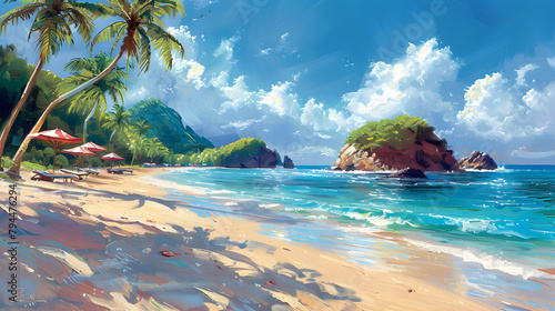 A vibrant beach scene with crystal-clear waters, palm trees, and colorful umbrellas evoking the essence of a tropical paradise. Perfect for travel and vacation-related content.