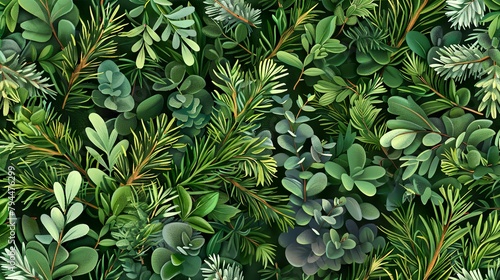 A seamless botanical illustration pattern with a lush green background