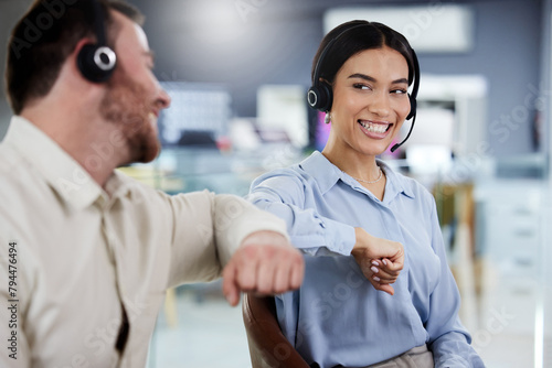 Call center team, elbow bump and communication in office, hello or greeting with connection, contact and support. Help, advice and people with partnership in customer service, happiness and coworking photo