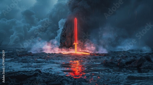 Dramatic Volcanic Eruption with Glowing Lava and Fiery Sword