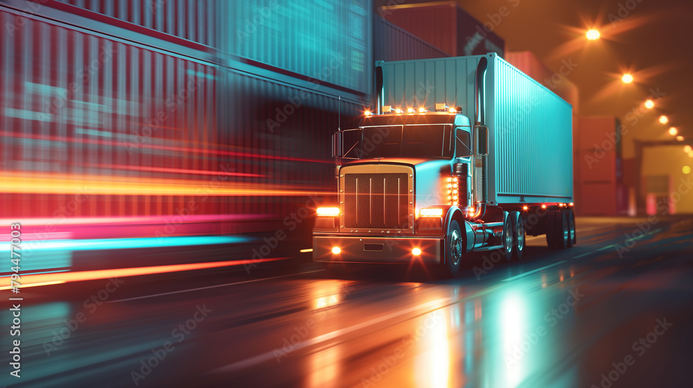 Big rig truck with cargo container on the road in motion blur, night scene.  modern global  logistics and transportation industry concept, modern industrial  transport technology 