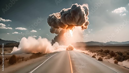 Intense Explosion of Smoke and Rocks Along Roadside Generative AI photo