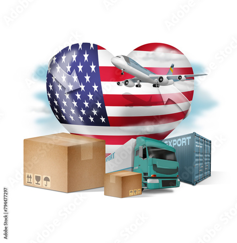 United States flag with different means of transporting goods to do business, importing and exporting merchandise.