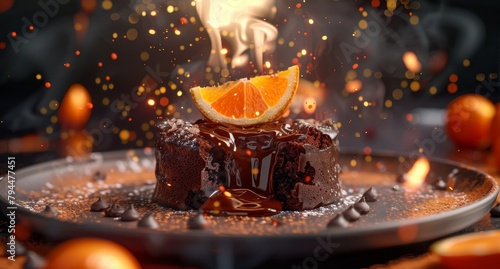 Decadent chocolate cake with orange slice and dripping chocolate sauce