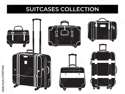 Set of Suitcases Silhouettes on White Background