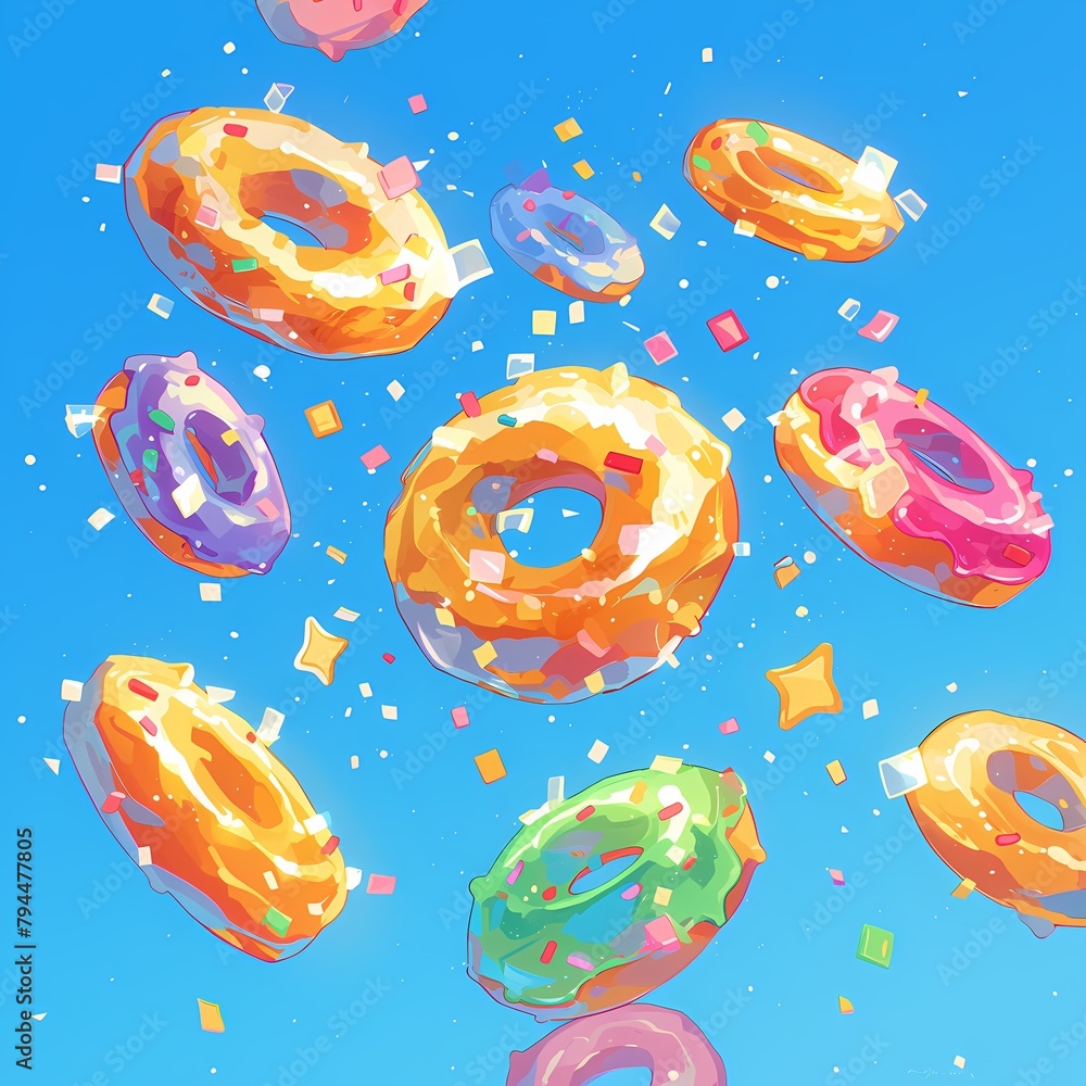 Mesmerize with a Floating Fantasy: Soft-Focus Rainbow Sprinkles on Multicolored Glazed Donuts
