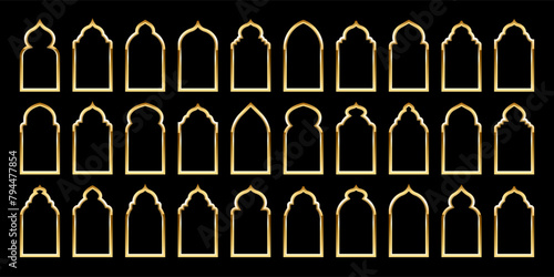 Islamic frames, oriental style. Golden arabic shapes, windows and arches. Traditional ornamental banner, frame. Muslim holidays, Ramadan Kareem. Modern eastern architecture. Vector illustration
