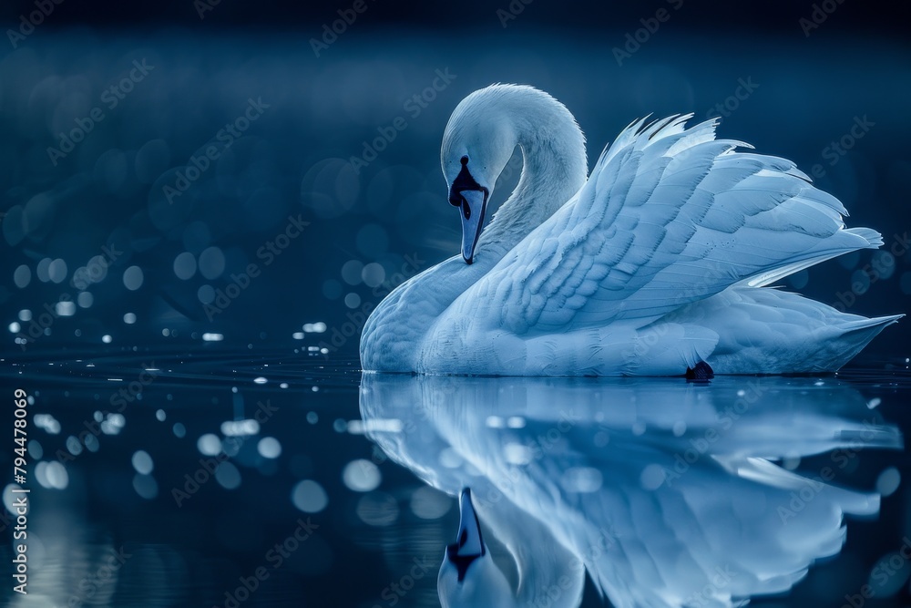 Fototapeta premium Serene swan on a tranquil lake at night