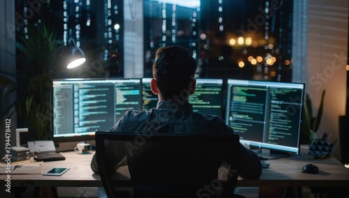 A male IT worker sits at his desk in front of three monitors, seen from behind and looking over the shoulder of an AI system that processes data on one monitor while displaying code Generative AI photo