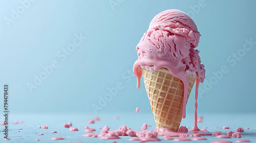 Pink ice cream melting and spilling from the waffle cone on pastel blue background, Minimalistic summer food concept